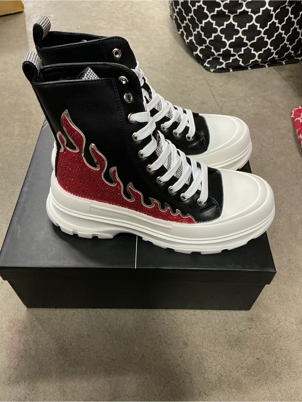 Cape Robbin Black High-Top Lace-Up Boots with Red Flame Accent